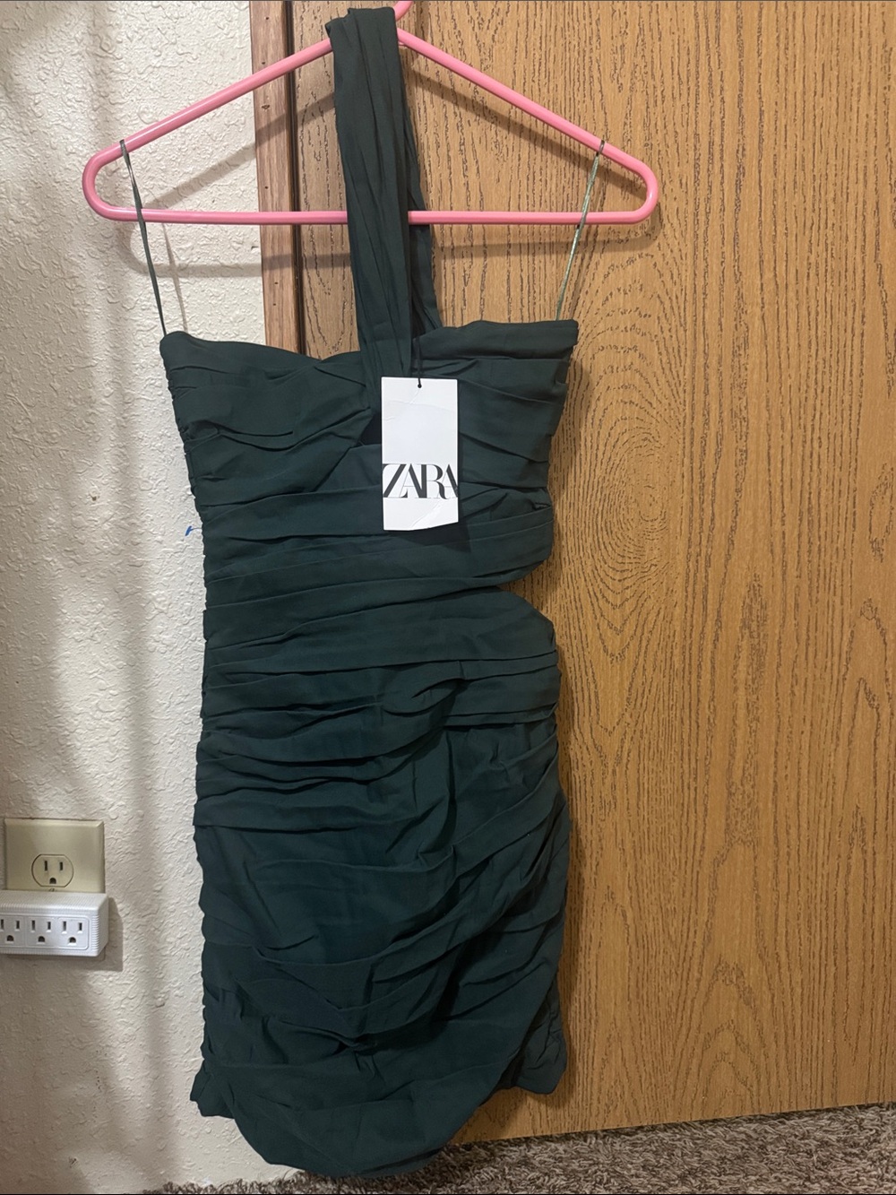 Zara One-Shoulder Dark Green Ruched Cocktail Dress